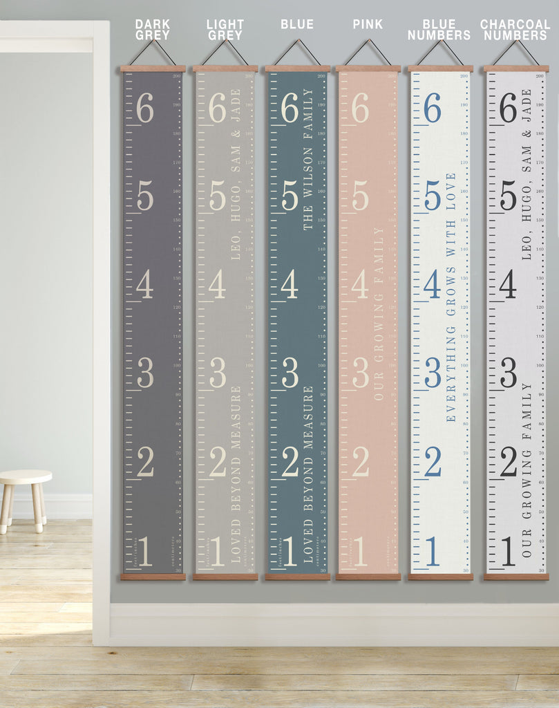 Set of growth charts with different color schemes on a wall.