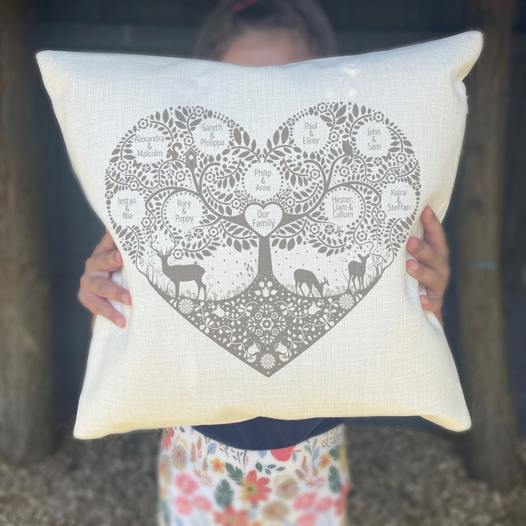 Grey personalised woodland family tree cushion