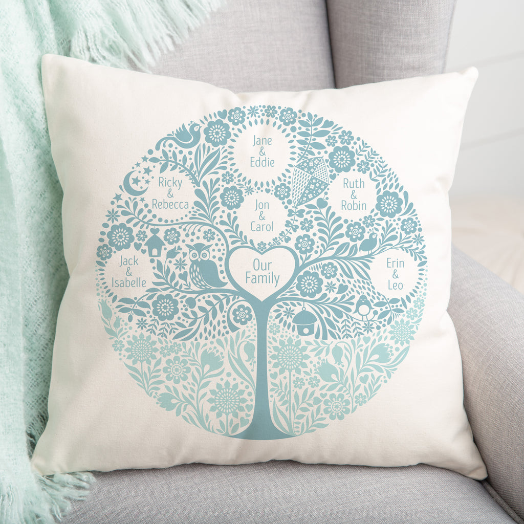Family tree cushion in chalk blue