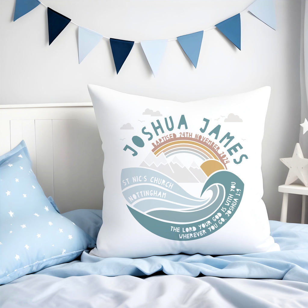 Personalised Christening Mountain Adventure Cushion