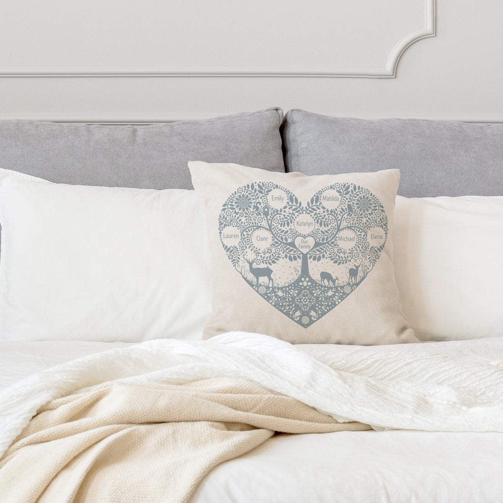 Pale Blue personalised woodland family tree cushion