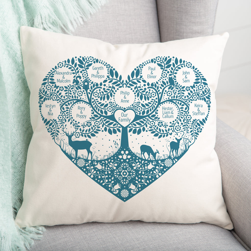 Ocean blue woodland family tree cushion