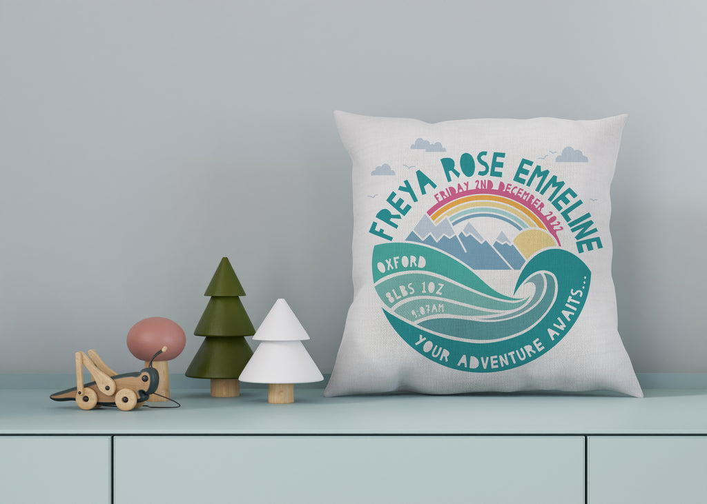 Personalised New Baby Mountain Adventure Cushion