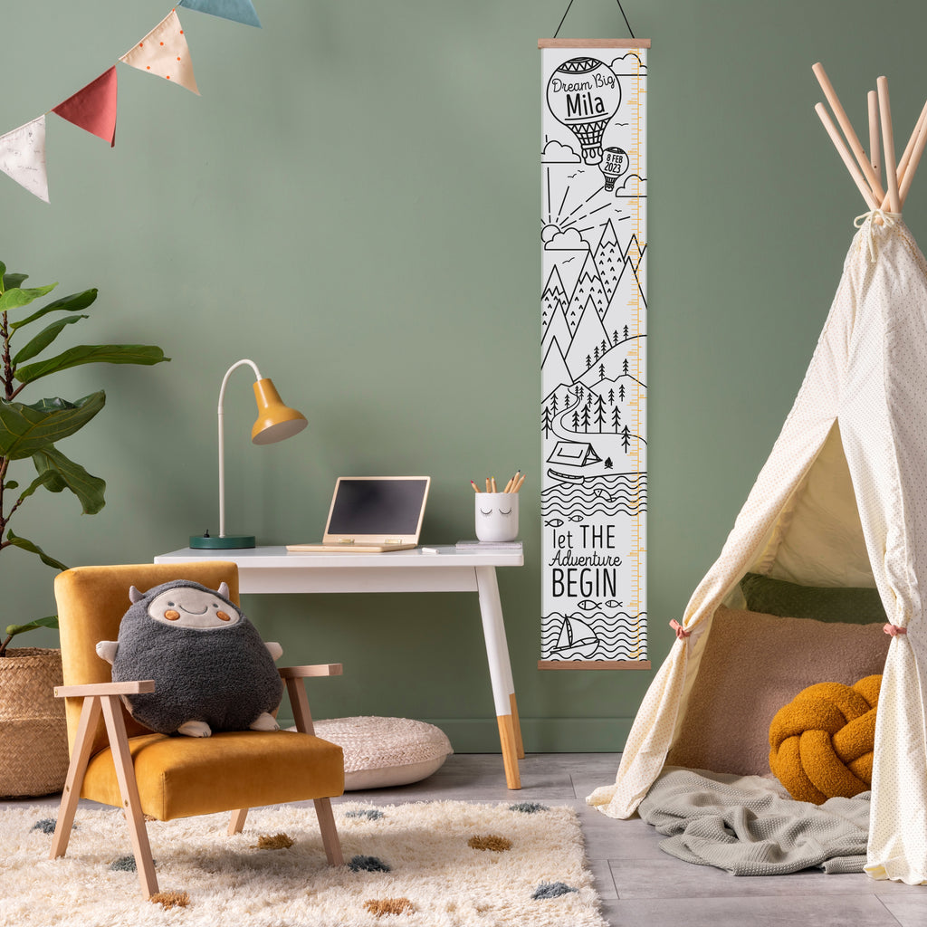 Personalised Monochrome Mountain Adventure Canvas Height Chart