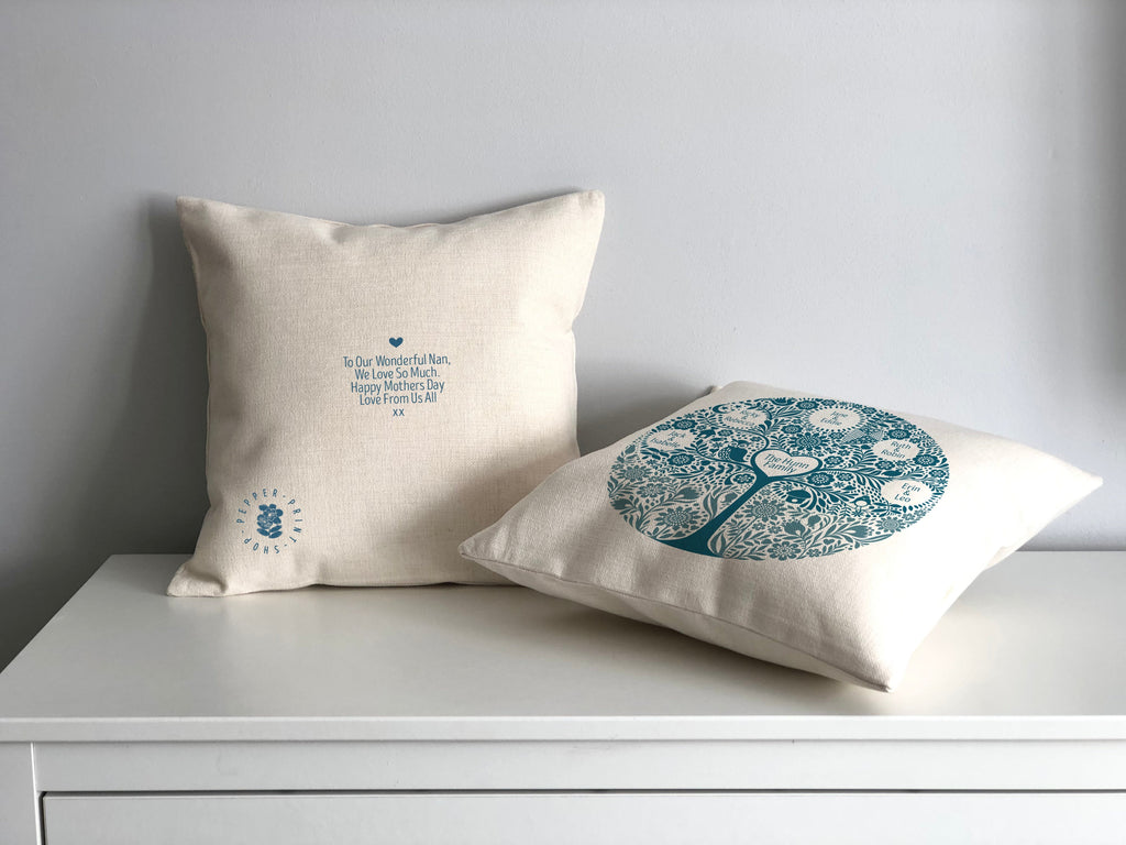 message on back of personalised family tree cushion