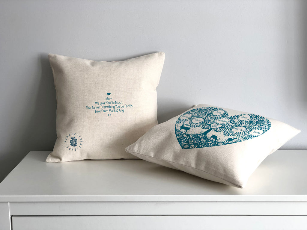 Personalised Woodland Family Tree Heart Cushion