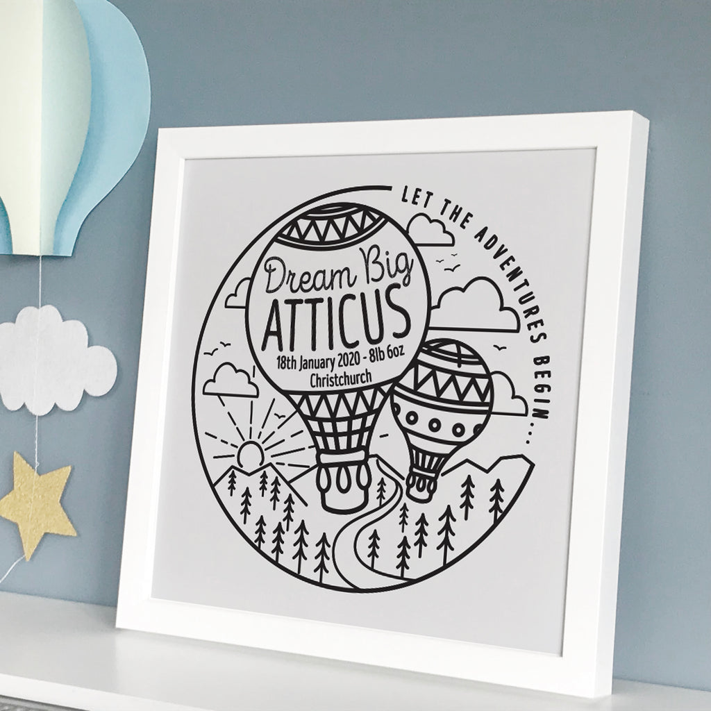 Framed New Baby Hot Air Balloon Adventure Print