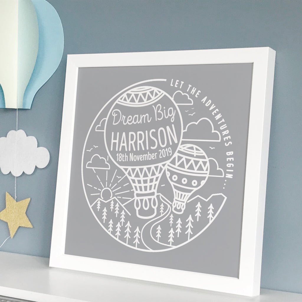 Framed New Baby Hot Air Balloon Adventure Print