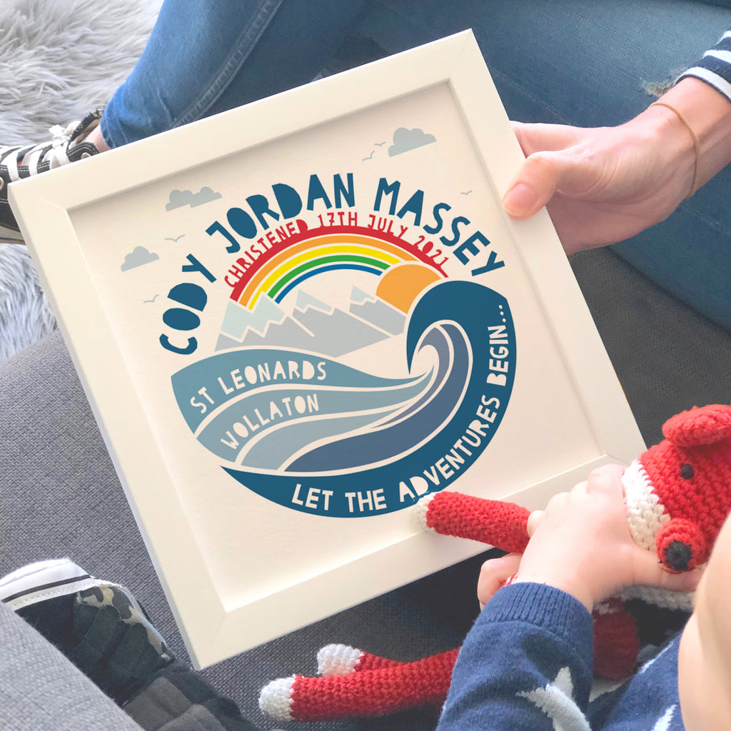 Christening adventure mountain print in shades of blue