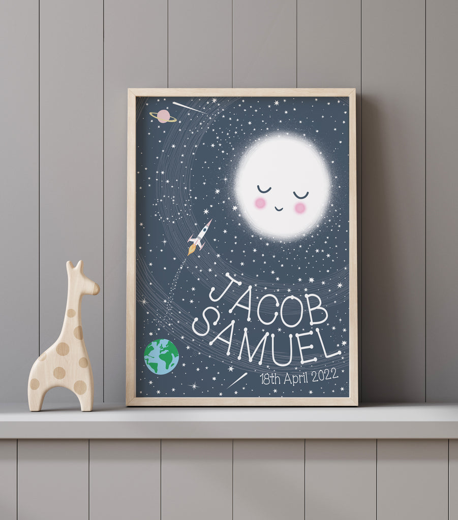 Personalised New Baby Moon And Stars Space Print