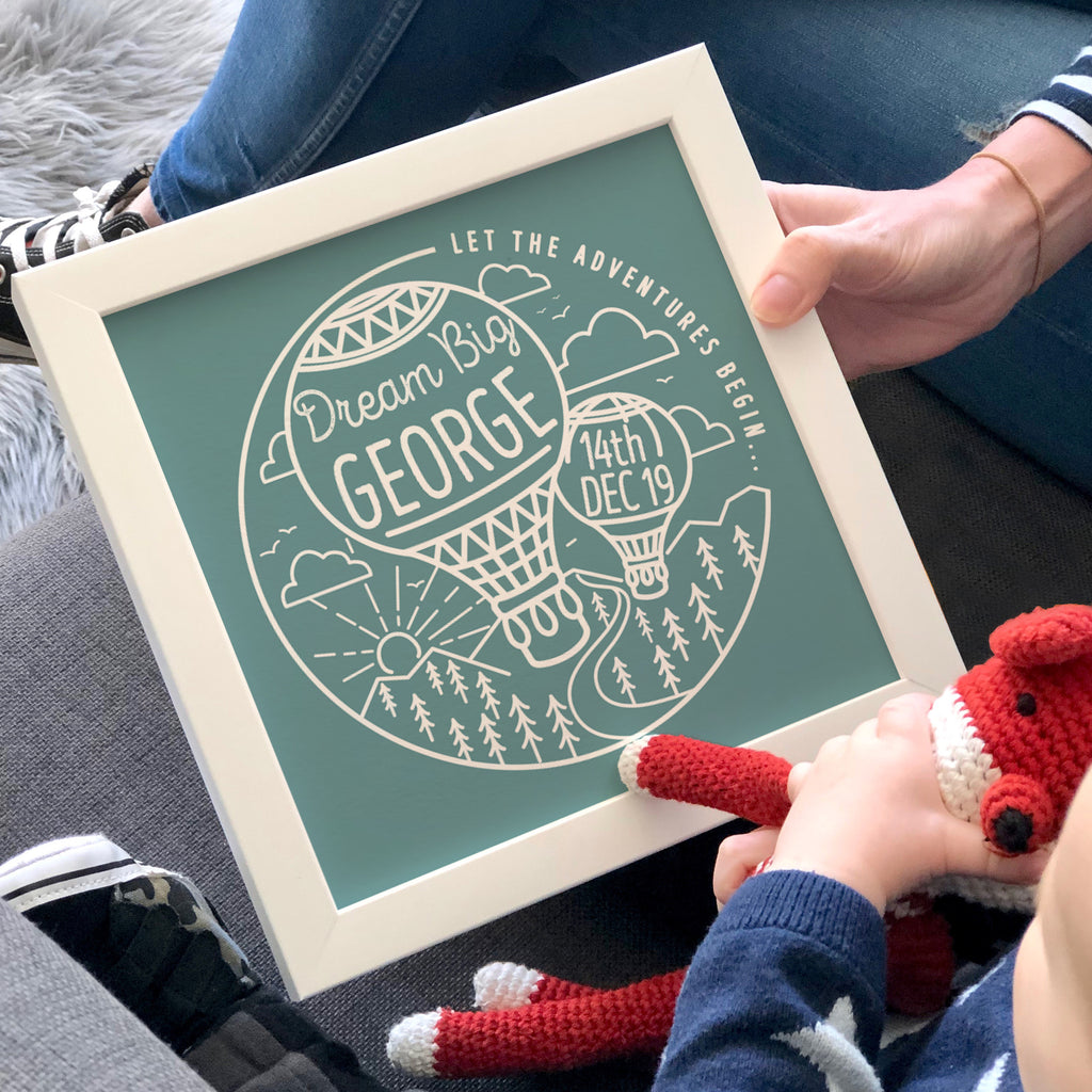Framed New Baby Hot Air Balloon Adventure Print