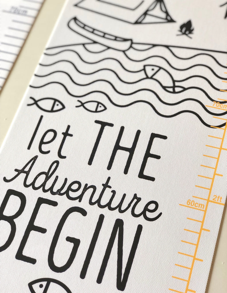 Closeup of Personalised Mountain Adventure Height chart in monochrome