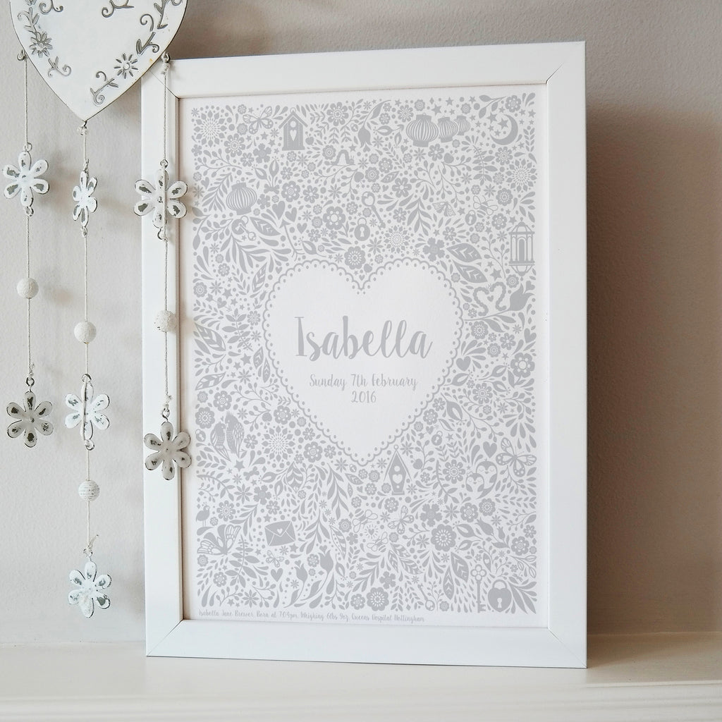 Personalised New Baby Floral Heart Print