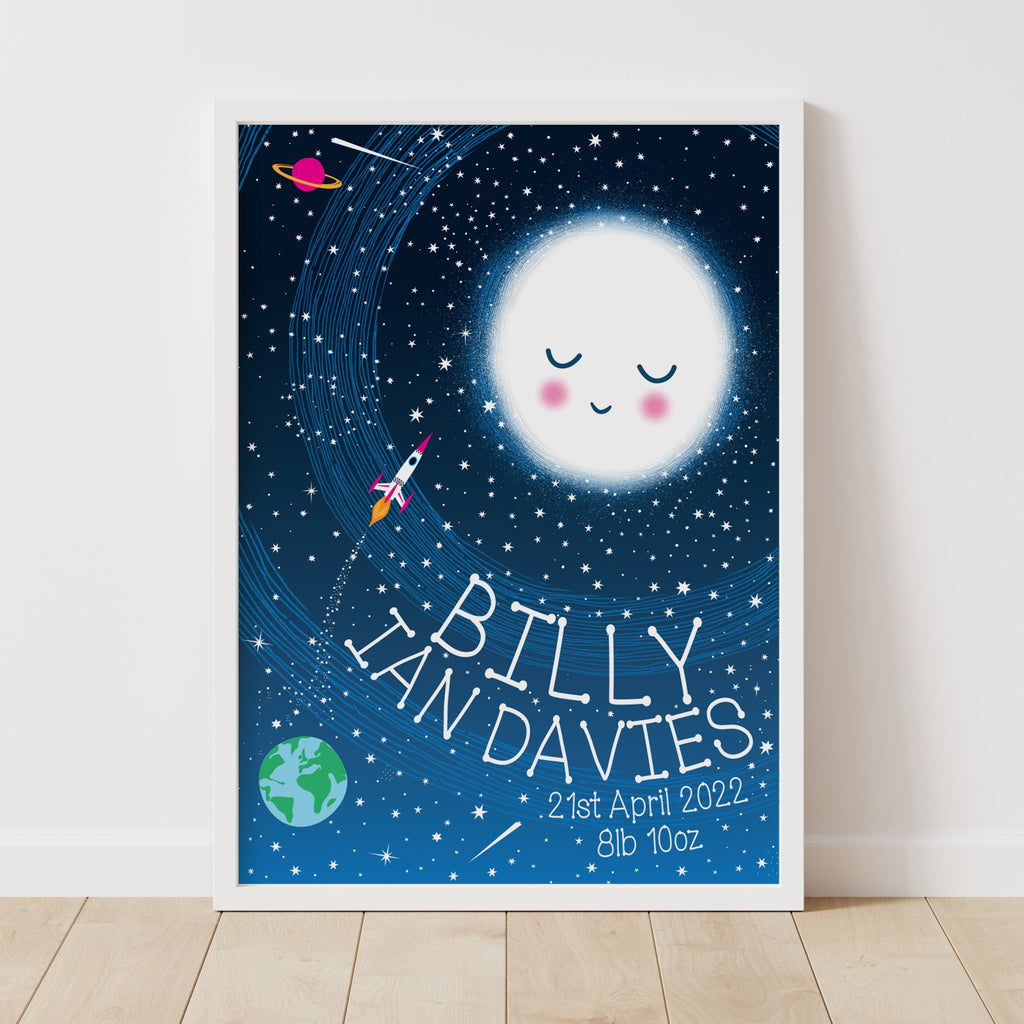 Personalised New Baby Moon And Stars Space Print