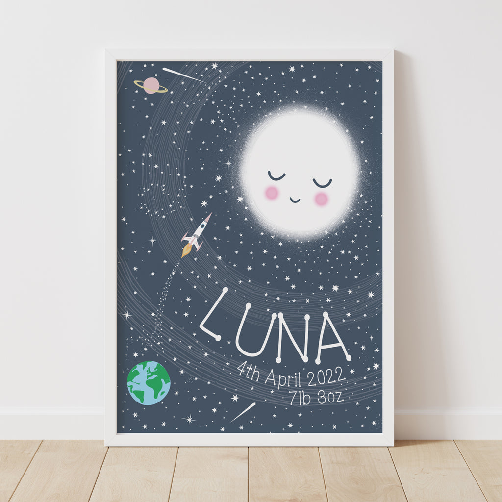 Personalised New Baby Moon And Stars Space Print